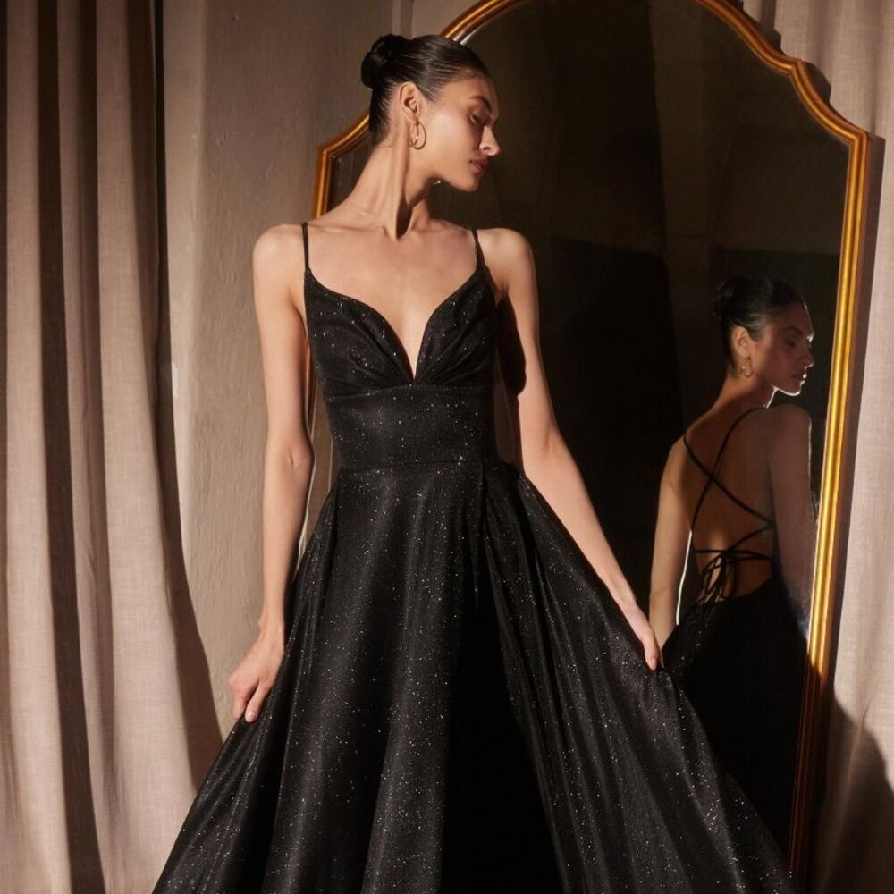 New Formal A-Line Glitter Prom Long Dress w/ Open Lace Up Back & V-Neck CD T214